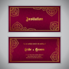 Luxury wedding invitation with golden ornament. Vector illustration