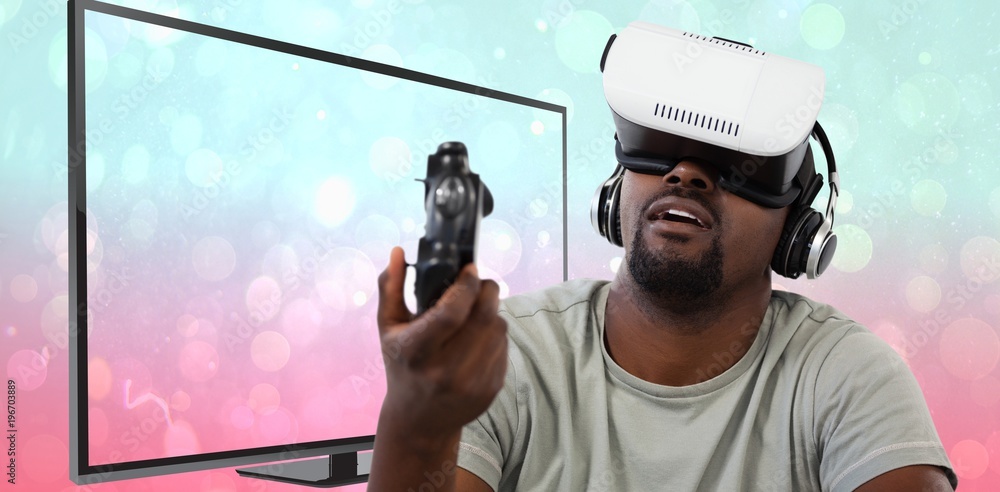 Poster composite image of man using virtual reality headset and playing