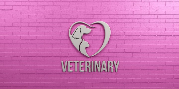 Veterinary Dog and Cat Logo. Wall Design. 3D Render Illustration