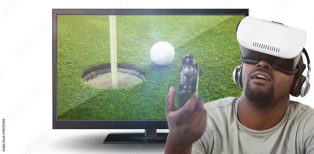 Poster composite image of man using virtual reality headset and playing