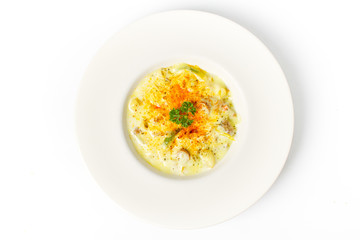 spaghetti carbonara white cream sauce on white background