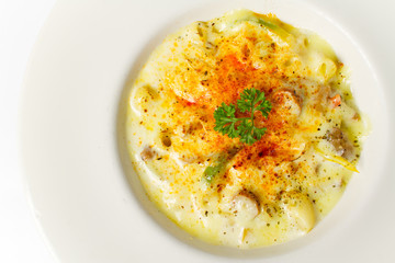 spaghetti carbonara white cream sauce on white background