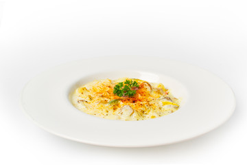 spaghetti carbonara white cream sauce on white background
