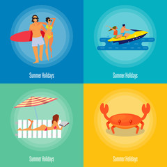 Summer holidays vector illustration. Young happy couple walking on beach. Couple on jet ski. Sexy girl sunbathes on beach under the sun. Sea crab on beach. Concept of holiday at sea. Summer time