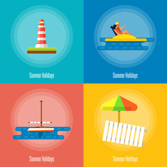 Summer holidays vector illustration. Sun lounger and beach umbrella on sand. Seascape with sailing yacht and lighthouse. Couple on water bike. Beach activities. Concept of holiday at sea. Summer rest