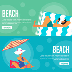 Beach vector illustration. Man using smartphone on beach mat on green background. Woman under beach umbrella on blue background. Beach activities. Website template. Flat design banner