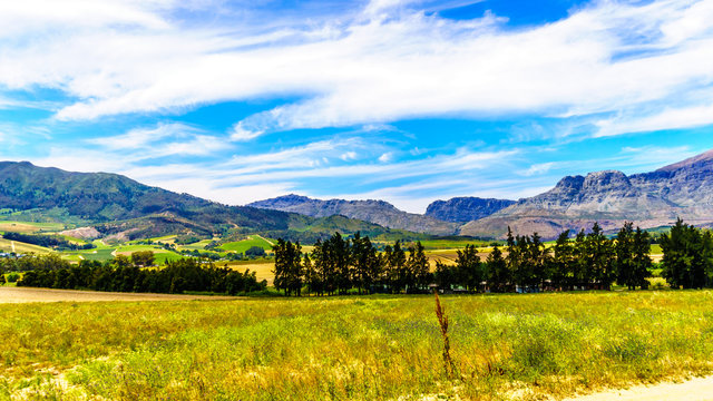 View of the Slanghoekberge Mountain Range along which the Bainskloof Pass runs between the towns Ceres and Wellington in the Western Cape province in South Africa