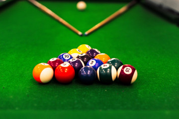 Pool Balls placed on billiard table game