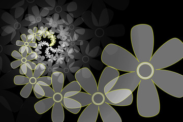 Flower Bouquet Spiral. Abstract Graphic Design. Gray and Yellow on Black. Swirl Vector Illustration.