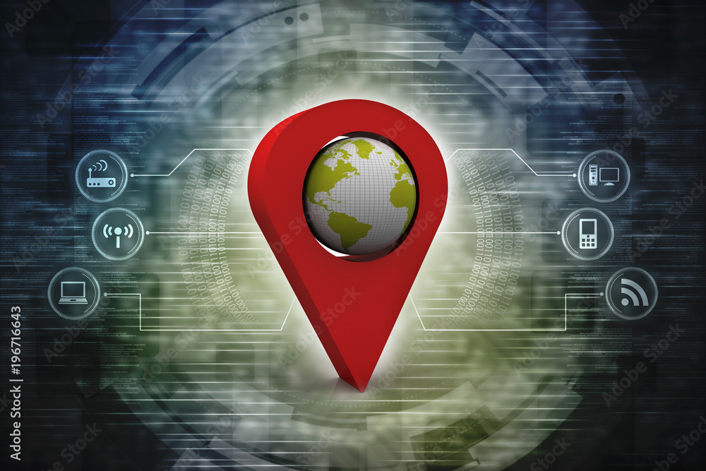 Poster 3d rendering red map pointer with world map