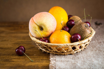 The fruit in the basket.  Still life of fruit.