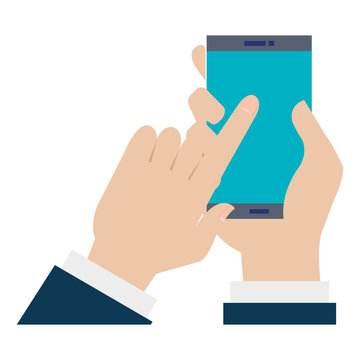 hands with smartphone device isolated icon