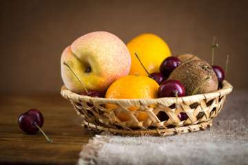 The fruit in the basket.  Still life of fruit.