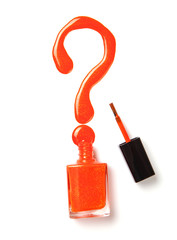 Orange nail polish in the form of a question mark on a white isolated background. What nail polish to choose for my age