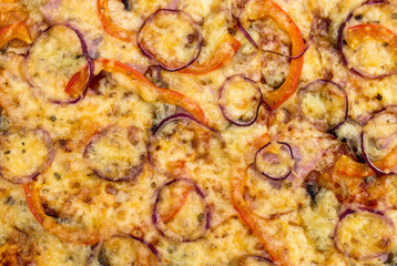 Baked pizza as food background. Close up. Top view.
