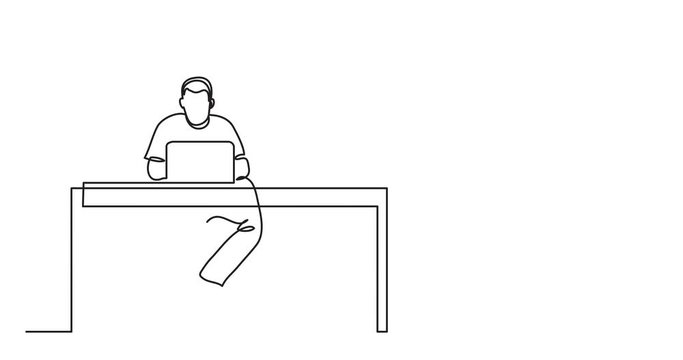 Animation of one line drawing of man working with laptop computer behind desk