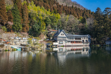 Fototapeta na wymiar View of Lake Kinrin-ko in Yufuin, Oita, Japan