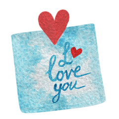 Hand paint watercolor blue sticker with red heart and I love you lettering