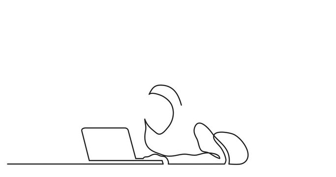 Animation of one line drawing of woman lying with laptop