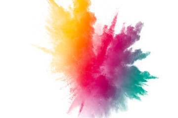 abstract multicolored powder splatter on white background. Freeze motion of color powder explosion...