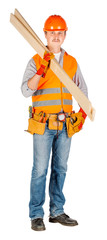 builder in a helmet holding wood boards