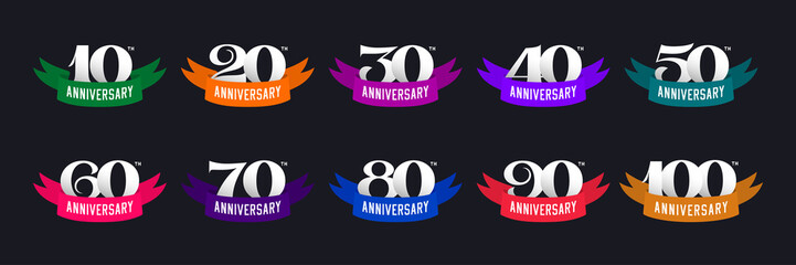 Set of anniversary signs from 10 to 100. Numbers and color ribbons on a dark background. Stock vector signs design elements.
