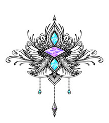 Abstract Zentangle  symbol in Boho Indian Asian Ethno  style  with Gems for tattoo black on white for decoration T-shirt or for coloring page or adult coloring book © kulik_oks