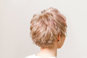 rear view of a young woman with short colored haircut on studio background with copy space