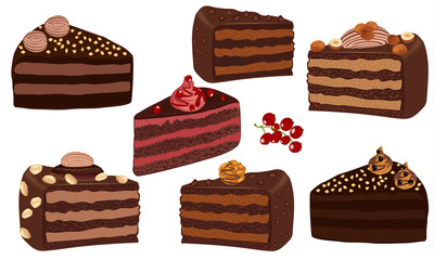 Set of chocolate cakes with nuts and cream. Cake sliced. Dessert isolated on white background. A piece of chocolate cake close-up. Vector illustration.