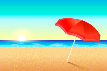 Beautiful vector beach. Sunset or dawn on the coast of the sea. A red umbrella stands in the sand. The sun sets over the ocean. Background for the flyer, leaflets, invitations to the beach party