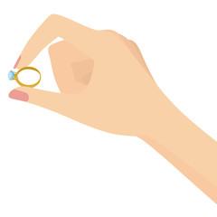 Woman Hand Holding Diamond Golden Ring Flat Vector Illustration Isolated on White