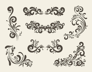 Swirly line curl pattern vector flourish vintage embellishments for greeting cards. Collection of frame decoration illustration