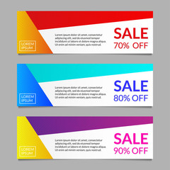 Sale and discount banner design template set. 70, 80, 90 percent price off. Modern horizontal business background layout or header. Vector illustration.