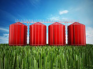 Agriculture grain silos on grass under blue sky. 3D illustration © Destina