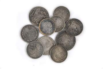 Old russian silver coins on white bacground
