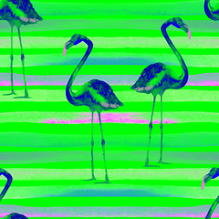 Watercolor Stripes Seamless Pattern with Flamingo.