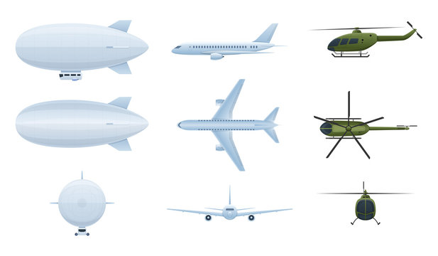 Air vehicles. Air balloon aerostat, helicopters, airplanes in different angles.