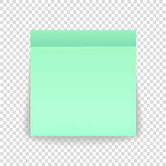 Post note paper sheet or sticky sticker with shadow isolated on a transparent background. Vector green post office memo or remember notepaper for your design.