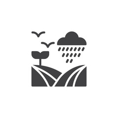 Field under rain vector icon. filled flat sign for mobile concept and web design. Rainy cloud, flying birds and field simple solid icon. Symbol, logo illustration