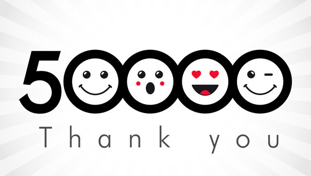 Thank you 50000 followers numbers. Congratulating black and white networking thanks, net friends image in two 2 colors, customers 50 000 likes, % percent off discount. Round isolated smiling people