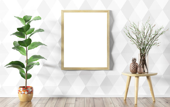 Flower vase over white paneling wall and mock up poster interior background 3d rendering