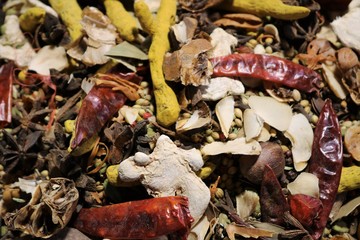 Colorful spices on the traditional arabian souk market in Deira. 