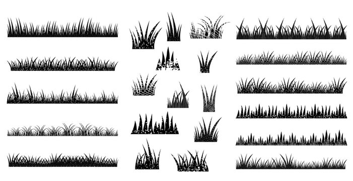 Long and short vector tufts of grass in black color with texture in flat style