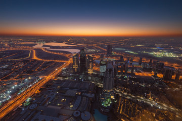 Fototapeta na wymiar Panorama of Dubai skyline from above at sunrise