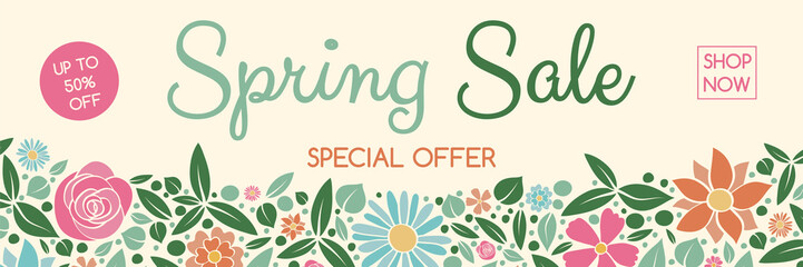 Spring Sale - concept of a banner with hand drawn flowers. Vector.