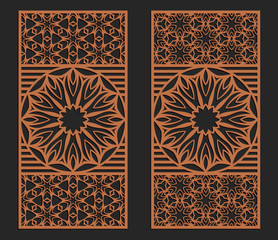 Laser cutting set. Wall or window panels. Jigsaw die cut ornaments. Lacy cutout silhouette stencils. Fretwork floral patterns. Vector template for paper cutting, metal and woodcut.