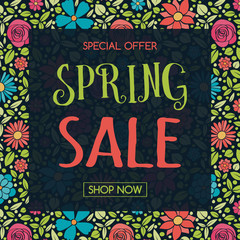 Colorful poster with hand drawn flowers for Spring Sale. Vector.