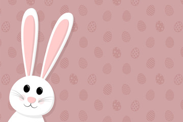Template of an Easter card with smiley bunny on background with eggs. Vector.