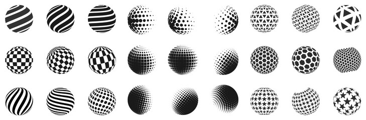 Set of minimalistic shapes. Halftone black color spheres isolated on white background. Stylish emblems. Vector spheres with dots, stripes, triangles, hexagons for web designs. Simple signs collection.