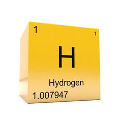 Hydrogen chemical element symbol from the periodic table displayed on glossy yellow cube